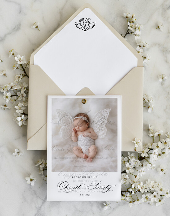 ZAPROSZENIA NA CHRZCINY dla dziewczynki  klasyczne Zaproszenie na Chrzest z kalką, Eleganckie Zaproszenia na Chrzciny ze Zdjęciem  09/zdjKalk/zChrz