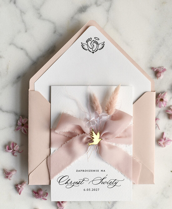 ZAPROSZENIA NA CHRZCINY dla dziewczynki  Boho składne Zaproszenie na Chrzest tłoczone, Eleganckie Zaproszenia na Chrzciny  01/sklDm/zChrz