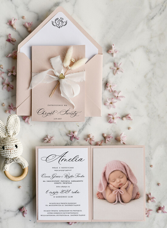 ZAPROSZENIA NA CHRZCINY dla dziewczynki  zaproszenie na Chrzest Różowe Klasyczne zaproszenie na chrzciny ze zdjęciem dziecka  02/zprkokdmu/ChrzZ