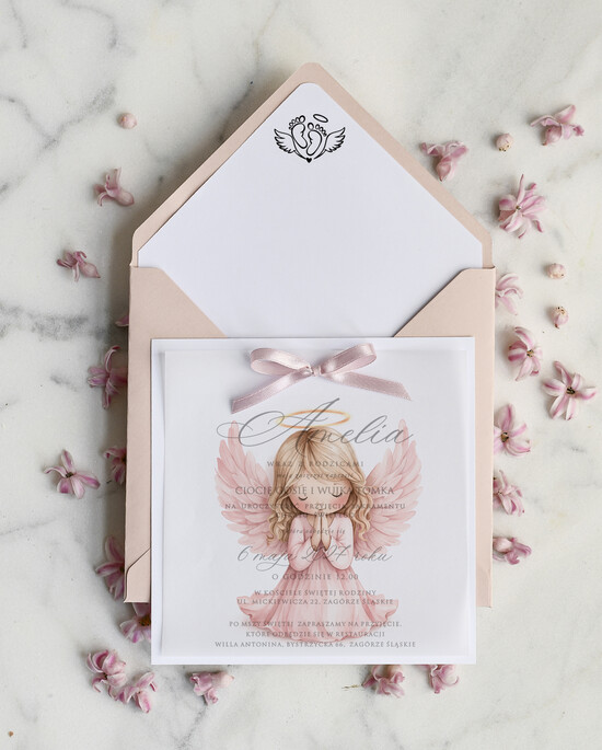 ZAPROSZENIA NA CHRZCINY dla dziewczynki   Różowe Zaproszenie na Chrzest z Aniołkiem, Eleganckie Zaproszenia na Chrzciny ze Zdjęciem  02/kwzdKalB3/ChrzZ