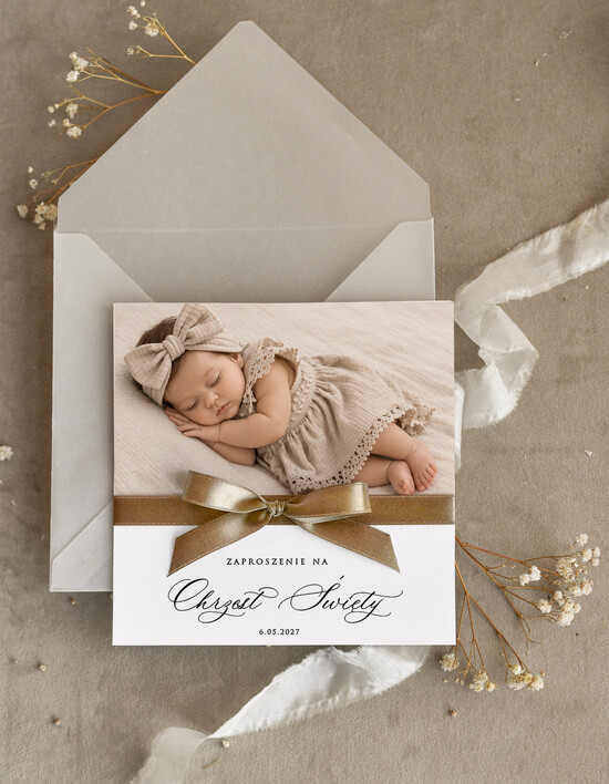 ZAPROSZENIA NA CHRZCINY dla dziewczynki  Boho Złocone Zaproszenie na Chrzest w folderze, Eleganckie Zaproszenia na Chrzciny ze Zdjęciem  03/kwzdj/zChrz