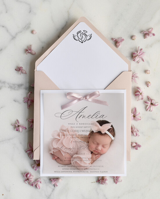 ZAPROSZENIA NA CHRZCINY dla dziewczynki  klasyczne Różowe Zaproszenie na Chrzest z kalką, Eleganckie Zaproszenia na Chrzciny ze Zdjęciem  01/kwzdjKalkkok/zChrz