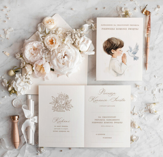 Gotowe zaproszenia na Komunię  dla chłopca kalendarz książkowy A5 01/chDW/KomZ