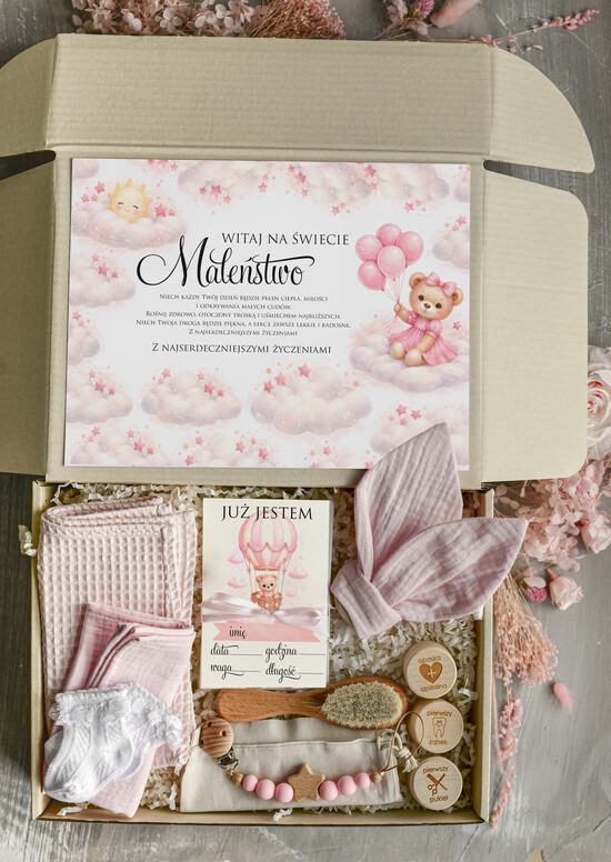 prezent dla Malucha - Wyprawka duze boxy preznetowe dla noworodka  Prezent dla Noworodka Witaj Świecie - Wyprawka Niemowlę Baby Shower gryzak pieluszka Skarpetki Misie 09/boxRoz/boxNowoR