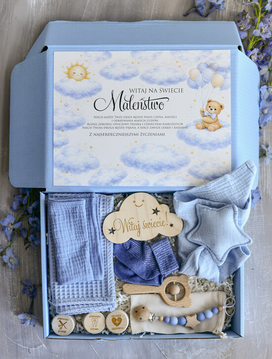 prezent dla Noworodka - Wyprawka duze boxy preznetowe dla noworodka  Wyprawka dla Noworodka - Box dla  Niemowlaka boho gryzak pieluszka Witaj Świecie  09/boxNieb/boxNowoR