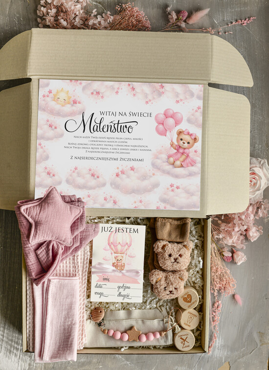 prezent dla Malucha - Wyprawka duze boxy preznetowe dla noworodka  Prezent dla Noworodka Witaj Świecie - Wyprawka Niemowlę Baby Shower gryzak pieluszka Skarpetki Misie 02/boxRoz/boxNowoR
