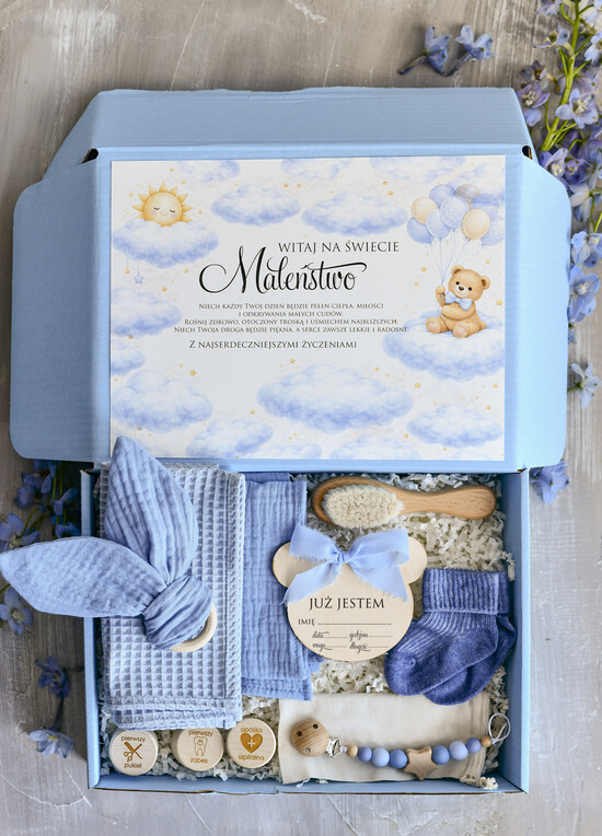 prezent dla Noworodka - Wyprawka duze boxy preznetowe dla noworodka  Zestaw prezentowy dla Noworodka - Wyprawka Niemowlę Baby Shower boho gryzak pieluszka Kroki Milowe 03/boxNieb/boxNowoR