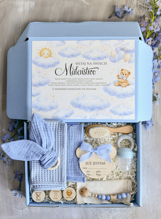 prezent dla Noworodka - Wyprawka duze boxy preznetowe dla noworodka  Zestaw prezentowy dla Noworodka - Wyprawka Niemowlę Baby Shower boho gryzak pieluszka Kroki Milowe 02/boxNieb/boxNowoR