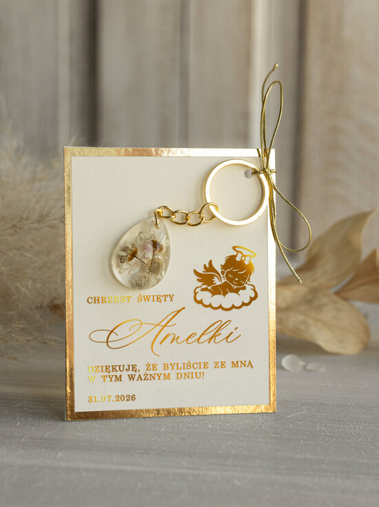 PODZIĘKOWANIA DLA GOŚCI CHRZCINY Podziękowania dla gości na Chrzest Eleganckie podziękowanie dla gości z okazji Chrztu Świętego breloczek do kluczy z kwiatkami 03/Blam/ChBr