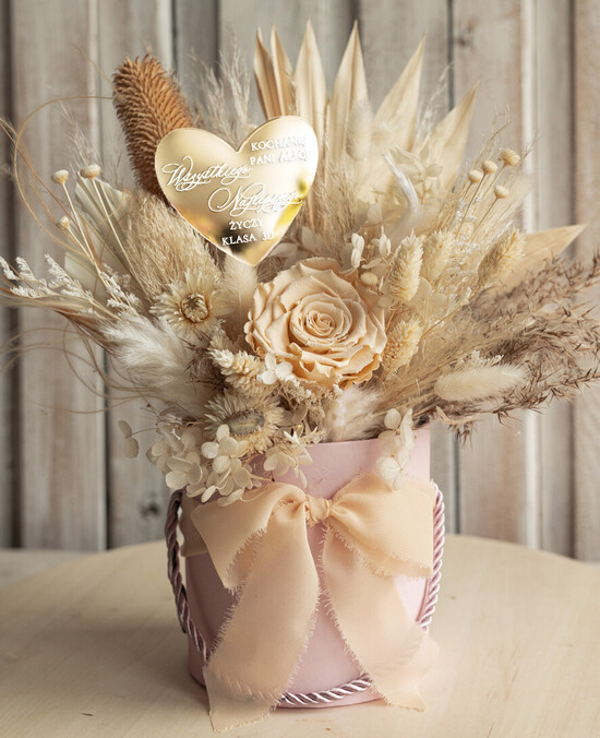 prezent dla nauczuciela/ dzień nauczyciela flower box kwiaty i słodycze Elegancki flower box dla nauczyciela, prezent na zakończenie roku dla wychowawcy 04/fboxT/Naucz