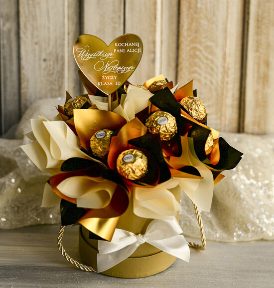 prezent dla nauczuciela/ dzień nauczyciela flower box kwiaty i słodycze Personalizowany box ze słodyczami dla nauczycielki prezent na zakończenie roku dla pani przedszkolan 03/SŁ/Naucz