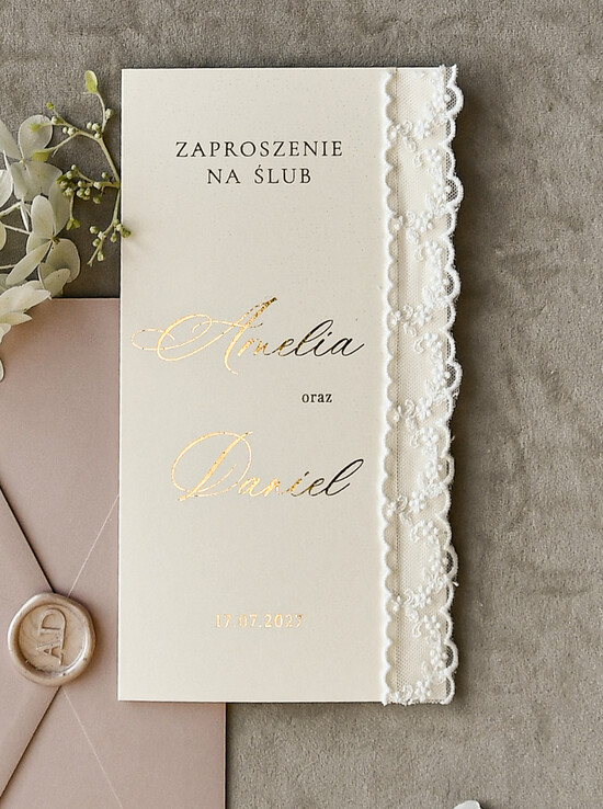 Zaproszenia ślubne Koronkowe  Koronkowe zaproszenia ślubne, zaproszenia na ślub z francuską koronką 01/DLkorPzł/z27