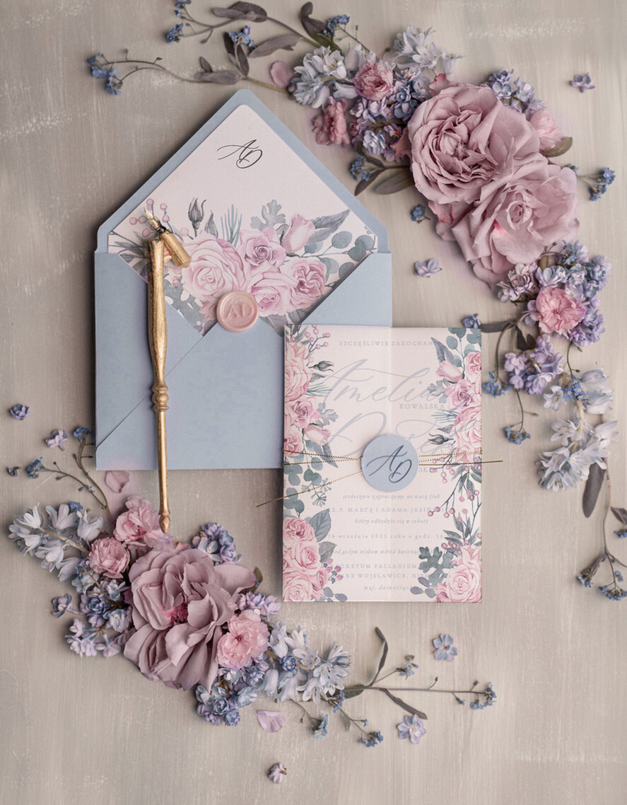 Zaproszenia ślubne Natura  zaproszenia na ślub boho kwiaty przeźroczyste zaproszenia ślubne kalka dusty blue2