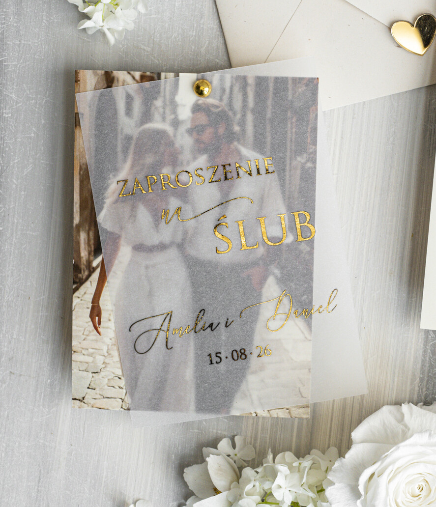 Zaproszenia ślubne Złote Glamour eleganckie zaproszenia na ślub ze zdjęciem dla gości na pamiątkę, zaproszenia ślubne ze zdjęciem, ślubne zaproszenia z ozdobnym okrągłym nitem, zdjęcie 7