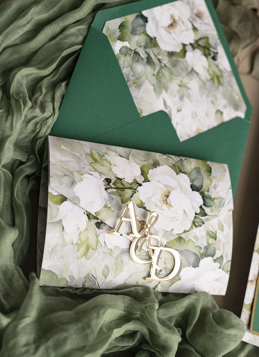 Zaproszenia ślubne Złote Glamour Poziome złote zaproszenia ślubne z lustrzanym monogramem, Kopertowe biało zielone zaproszenie na ślub złocone, zaproszenia na slub cywilny peonie 15