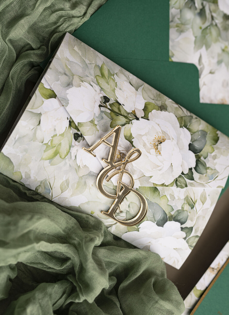 Zaproszenia ślubne Złote Glamour Poziome złote zaproszenia ślubne z lustrzanym monogramem, Kopertowe biało zielone zaproszenie na ślub złocone, zaproszenia na slub cywilny peonie 16