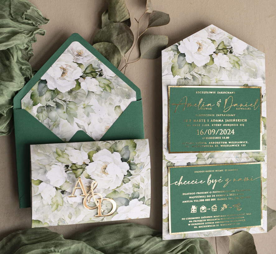 Zaproszenia ślubne Złote Glamour Poziome złote zaproszenia ślubne z lustrzanym monogramem, Kopertowe biało zielone zaproszenie na ślub złocone, zaproszenia na slub cywilny peonie 6