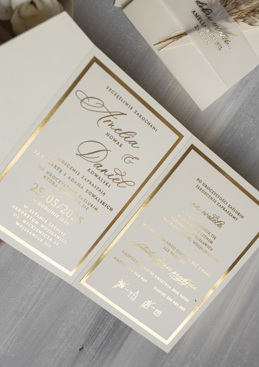 Zaproszenia ślubne Złote Glamour oryginalne zaproszenia na ślub idealne na wesele w plenerze, eleganckie zaproszenie ślubne z trawą pampasową, złote zaproszenia na ślub i wesele, trawa pampasowa na zaproszeniach ślubnych  10