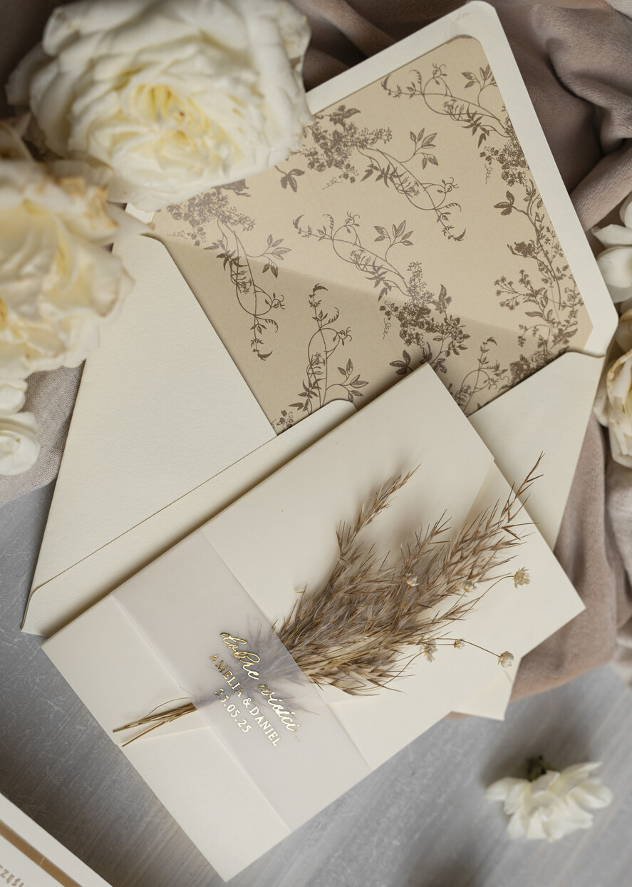 Zaproszenia ślubne Złote Glamour oryginalne zaproszenia na ślub idealne na wesele w plenerze, eleganckie zaproszenie ślubne z trawą pampasową, złote zaproszenia na ślub i wesele, trawa pampasowa na zaproszeniach ślubnych  11