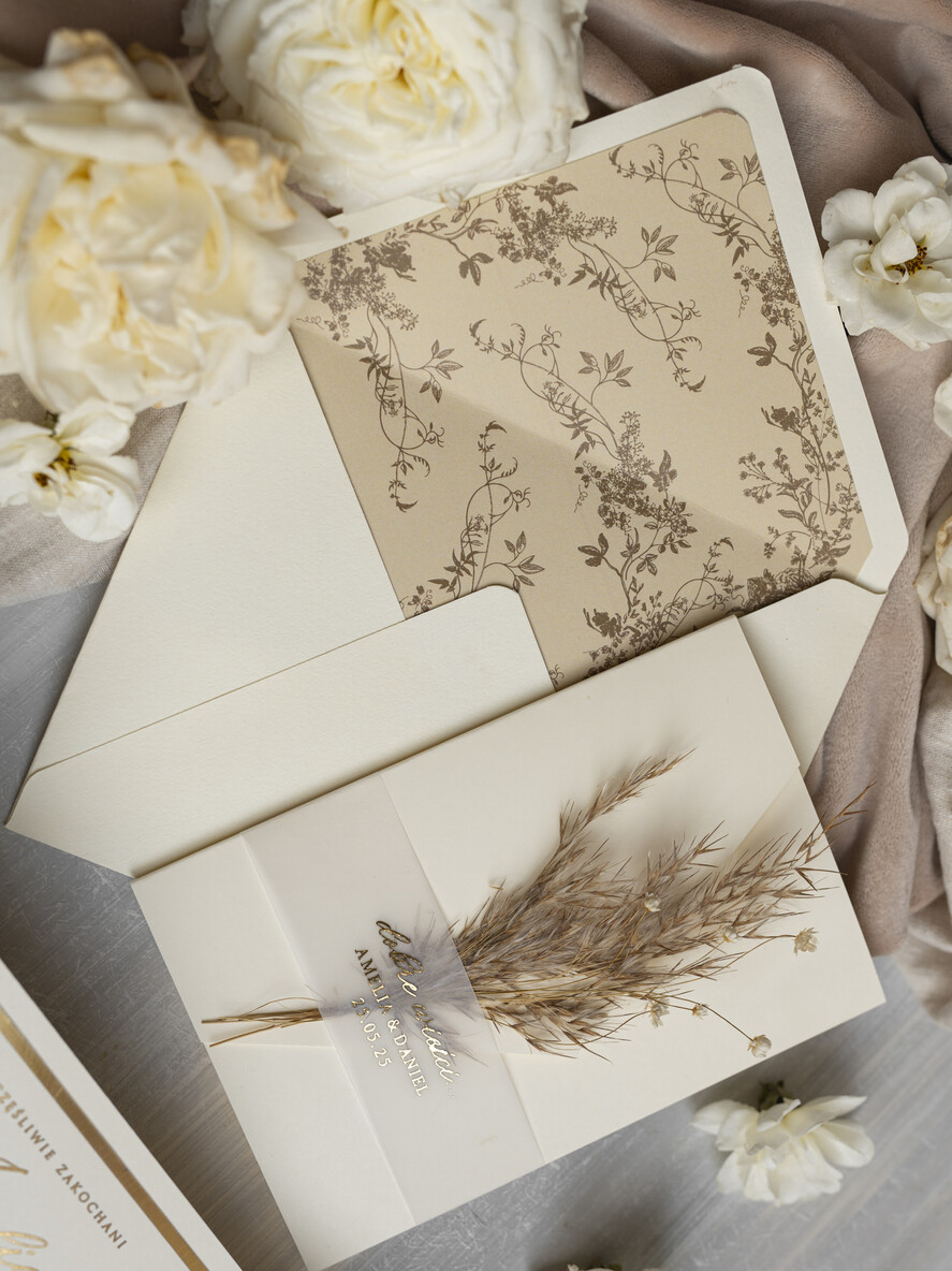Zaproszenia ślubne Złote Glamour oryginalne zaproszenia na ślub idealne na wesele w plenerze, eleganckie zaproszenie ślubne z trawą pampasową, złote zaproszenia na ślub i wesele, trawa pampasowa na zaproszeniach ślubnych  12