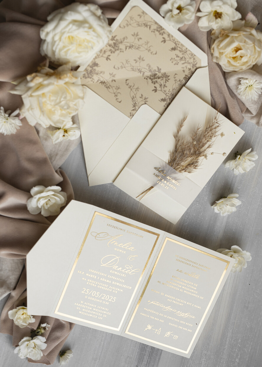 Zaproszenia ślubne Złote Glamour oryginalne zaproszenia na ślub idealne na wesele w plenerze, eleganckie zaproszenie ślubne z trawą pampasową, złote zaproszenia na ślub i wesele, trawa pampasowa na zaproszeniach ślubnych  13