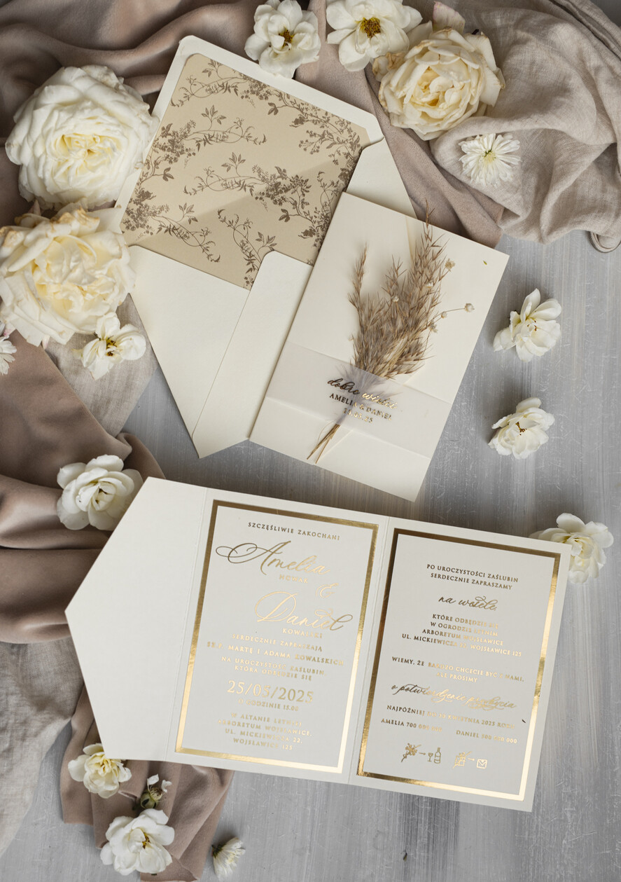 Zaproszenia ślubne Złote Glamour oryginalne zaproszenia na ślub idealne na wesele w plenerze, eleganckie zaproszenie ślubne z trawą pampasową, złote zaproszenia na ślub i wesele, trawa pampasowa na zaproszeniach ślubnych  14
