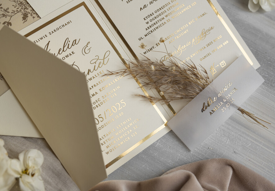 Zaproszenia ślubne Złote Glamour oryginalne zaproszenia na ślub idealne na wesele w plenerze, eleganckie zaproszenie ślubne z trawą pampasową, złote zaproszenia na ślub i wesele, trawa pampasowa na zaproszeniach ślubnych  4