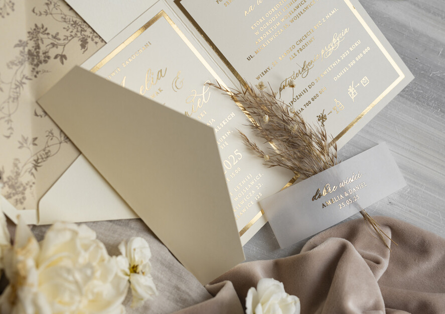 Zaproszenia ślubne Złote Glamour oryginalne zaproszenia na ślub idealne na wesele w plenerze, eleganckie zaproszenie ślubne z trawą pampasową, złote zaproszenia na ślub i wesele, trawa pampasowa na zaproszeniach ślubnych  5