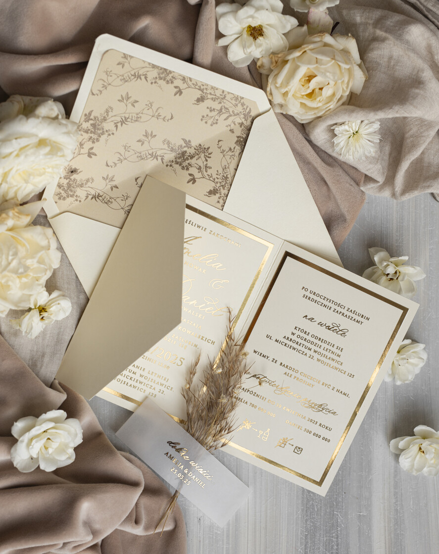 Zaproszenia ślubne Złote Glamour oryginalne zaproszenia na ślub idealne na wesele w plenerze, eleganckie zaproszenie ślubne z trawą pampasową, złote zaproszenia na ślub i wesele, trawa pampasowa na zaproszeniach ślubnych  6