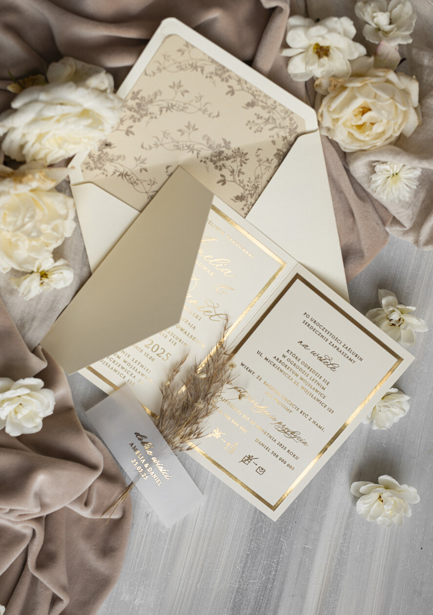 Zaproszenia ślubne Złote Glamour oryginalne zaproszenia na ślub idealne na wesele w plenerze, eleganckie zaproszenie ślubne z trawą pampasową, złote zaproszenia na ślub i wesele, trawa pampasowa na zaproszeniach ślubnych  7