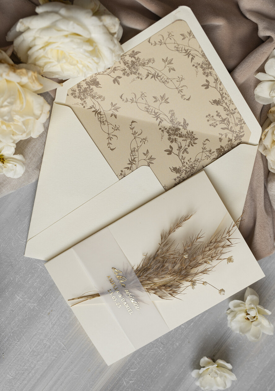 Zaproszenia ślubne Złote Glamour oryginalne zaproszenia na ślub idealne na wesele w plenerze, eleganckie zaproszenie ślubne z trawą pampasową, złote zaproszenia na ślub i wesele, trawa pampasowa na zaproszeniach ślubnych  8