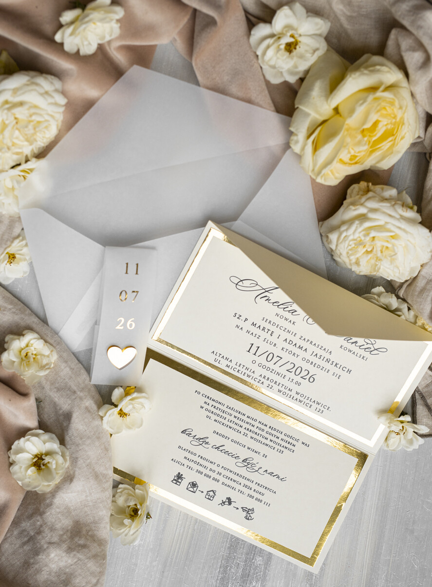 Zaproszenia ślubne Złote Glamour eleganckie złote zaproszenia ślubne, delikatne zaproszenie na ślub, zaproszenie ślubne w stylu glamour, złote litery na zaproszeniach ślubnych, zaproszenia ślubne składane w kopertę 12