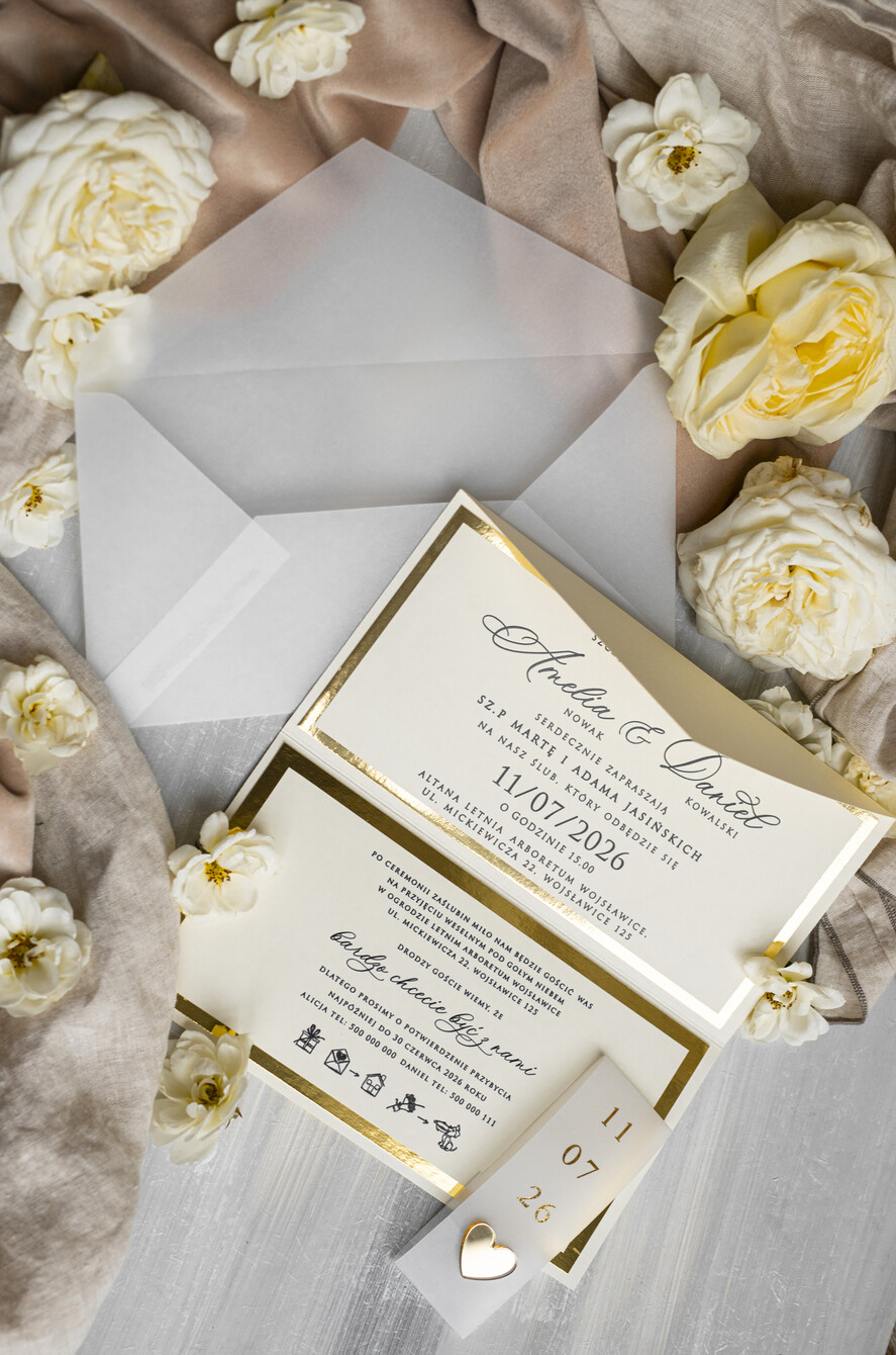 Zaproszenia ślubne Złote Glamour eleganckie złote zaproszenia ślubne, delikatne zaproszenie na ślub, zaproszenie ślubne w stylu glamour, złote litery na zaproszeniach ślubnych, zaproszenia ślubne składane w kopertę 13