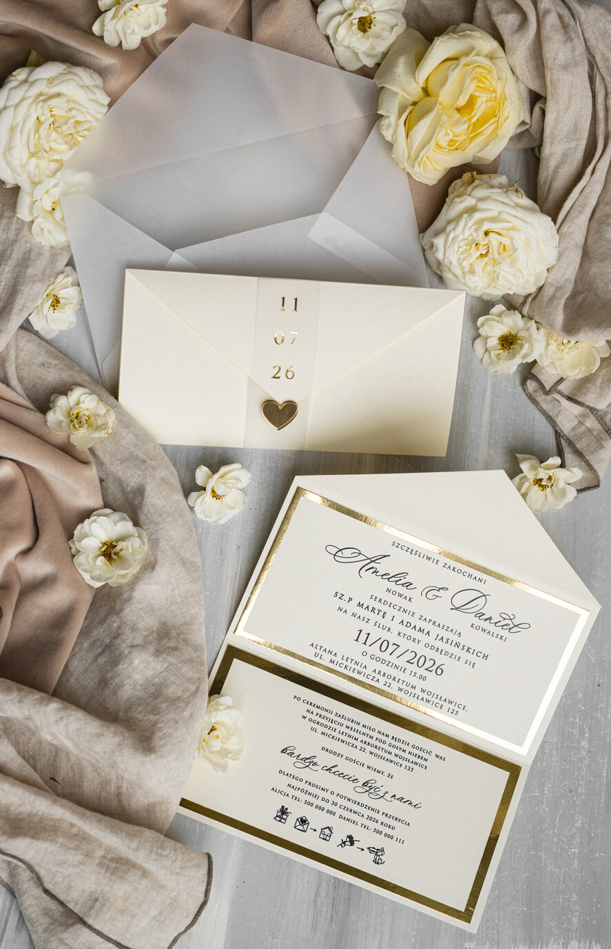 Zaproszenia ślubne Złote Glamour eleganckie złote zaproszenia ślubne, delikatne zaproszenie na ślub, zaproszenie ślubne w stylu glamour, złote litery na zaproszeniach ślubnych, zaproszenia ślubne składane w kopertę 16