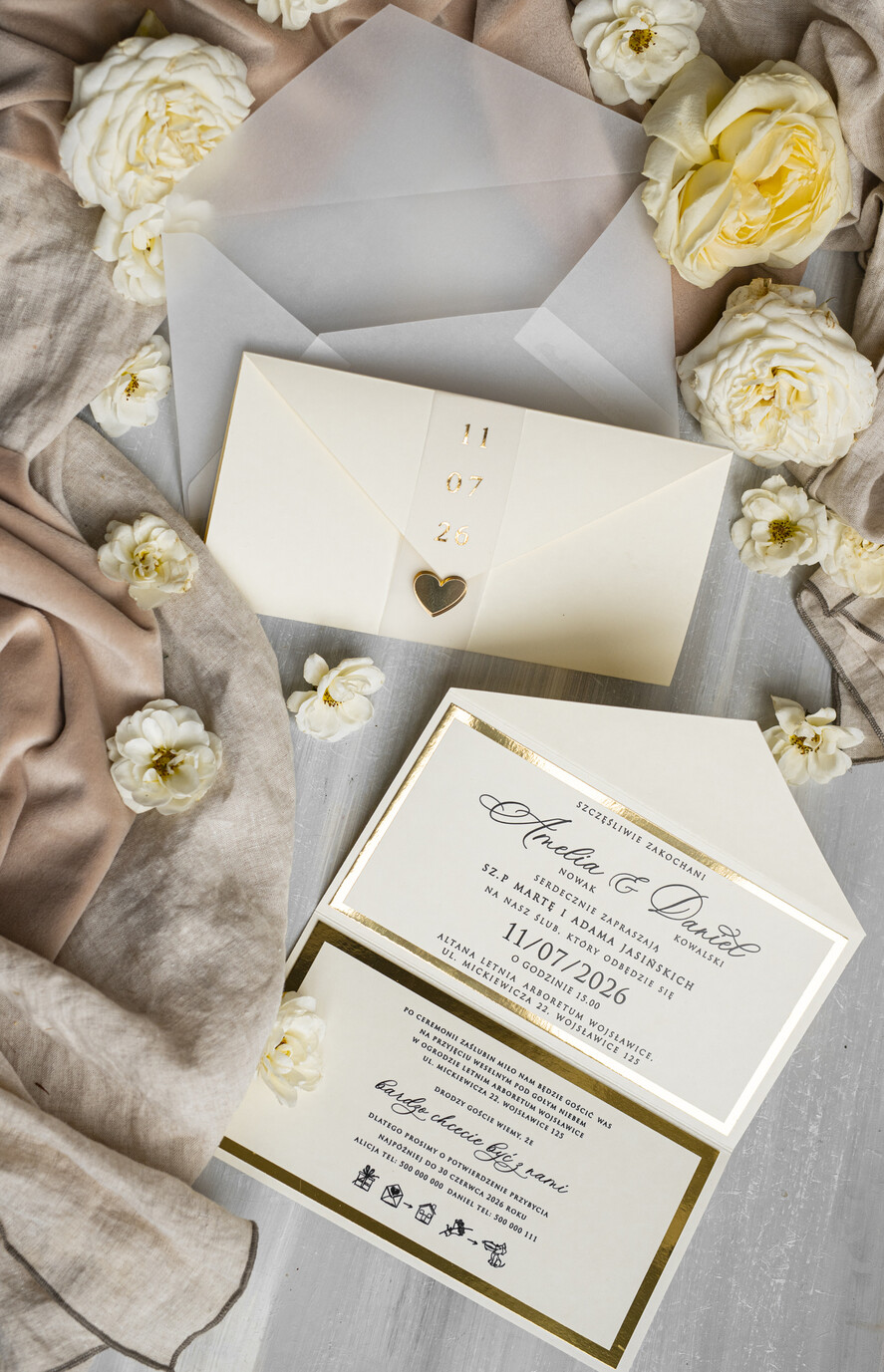 Zaproszenia ślubne Złote Glamour eleganckie złote zaproszenia ślubne, delikatne zaproszenie na ślub, zaproszenie ślubne w stylu glamour, złote litery na zaproszeniach ślubnych, zaproszenia ślubne składane w kopertę 17