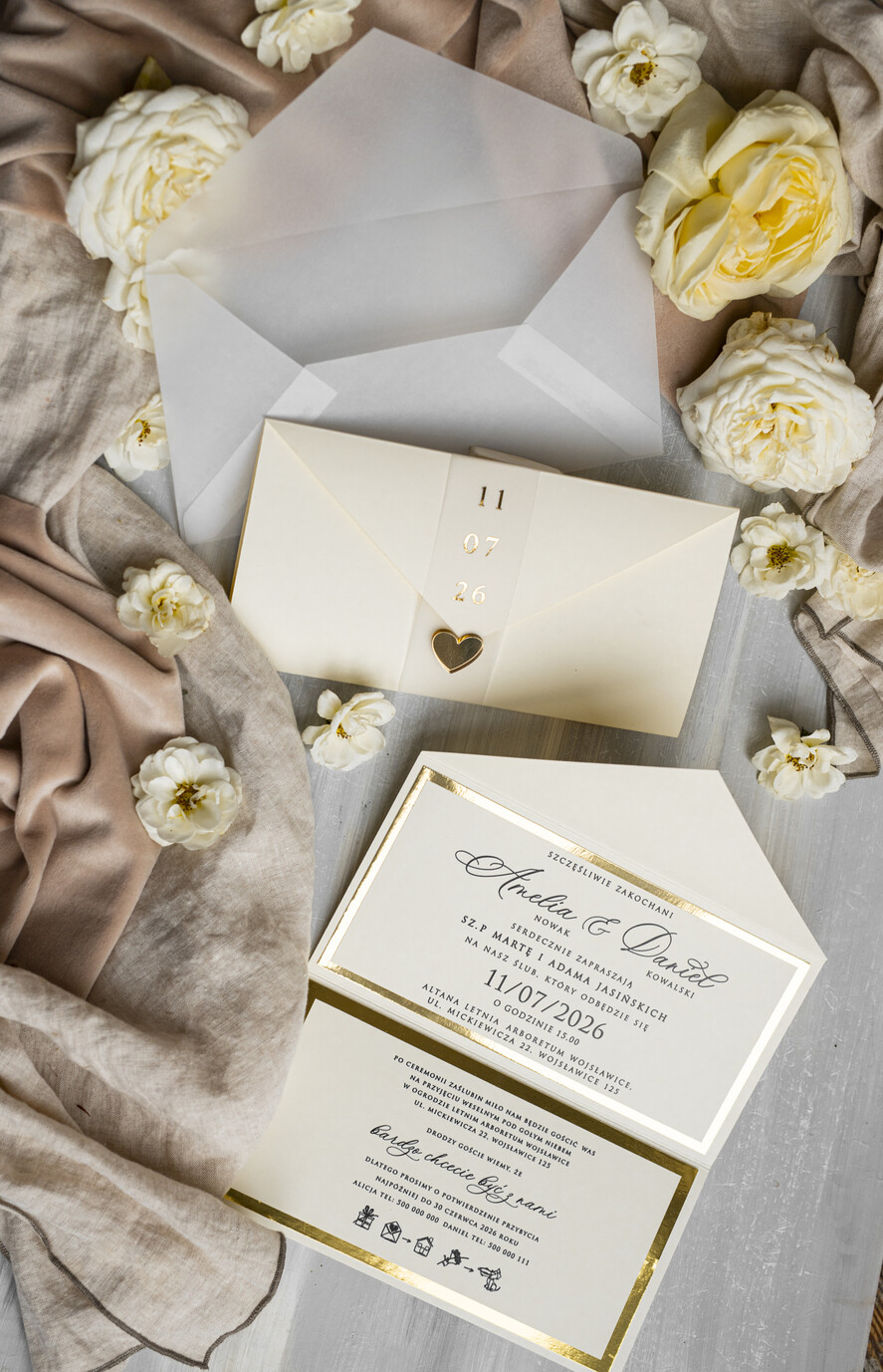 Zaproszenia ślubne Złote Glamour eleganckie złote zaproszenia ślubne, delikatne zaproszenie na ślub, zaproszenie ślubne w stylu glamour, złote litery na zaproszeniach ślubnych, zaproszenia ślubne składane w kopertę 19