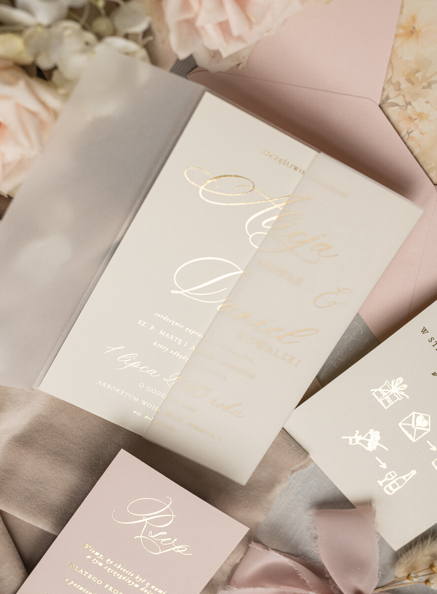 Zaproszenia ślubne Złote Glamour eleganckie zaproszenie na ślub z suszonym dmuszkiem, wyjątkowe zaproszenia ślubne z dmuszkiem, zaproszenia na ślub w stylu glamour7