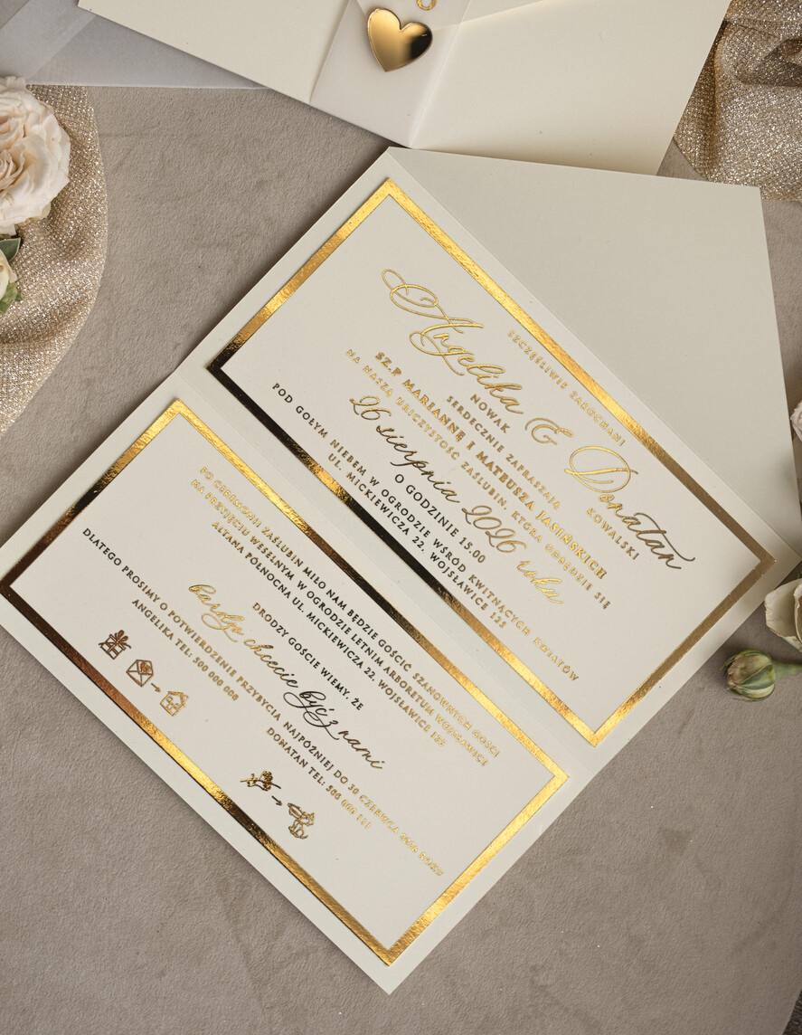 Zaproszenia ślubne Złote Glamour Eleganckie złote zaproszenia ślubne z lustrzanym monogramem, Kopertowe zaproszenie na ślub złocone, zaproszenia na ślub w stylu glamour, złote napisy na zaproszeniach ślubnych1