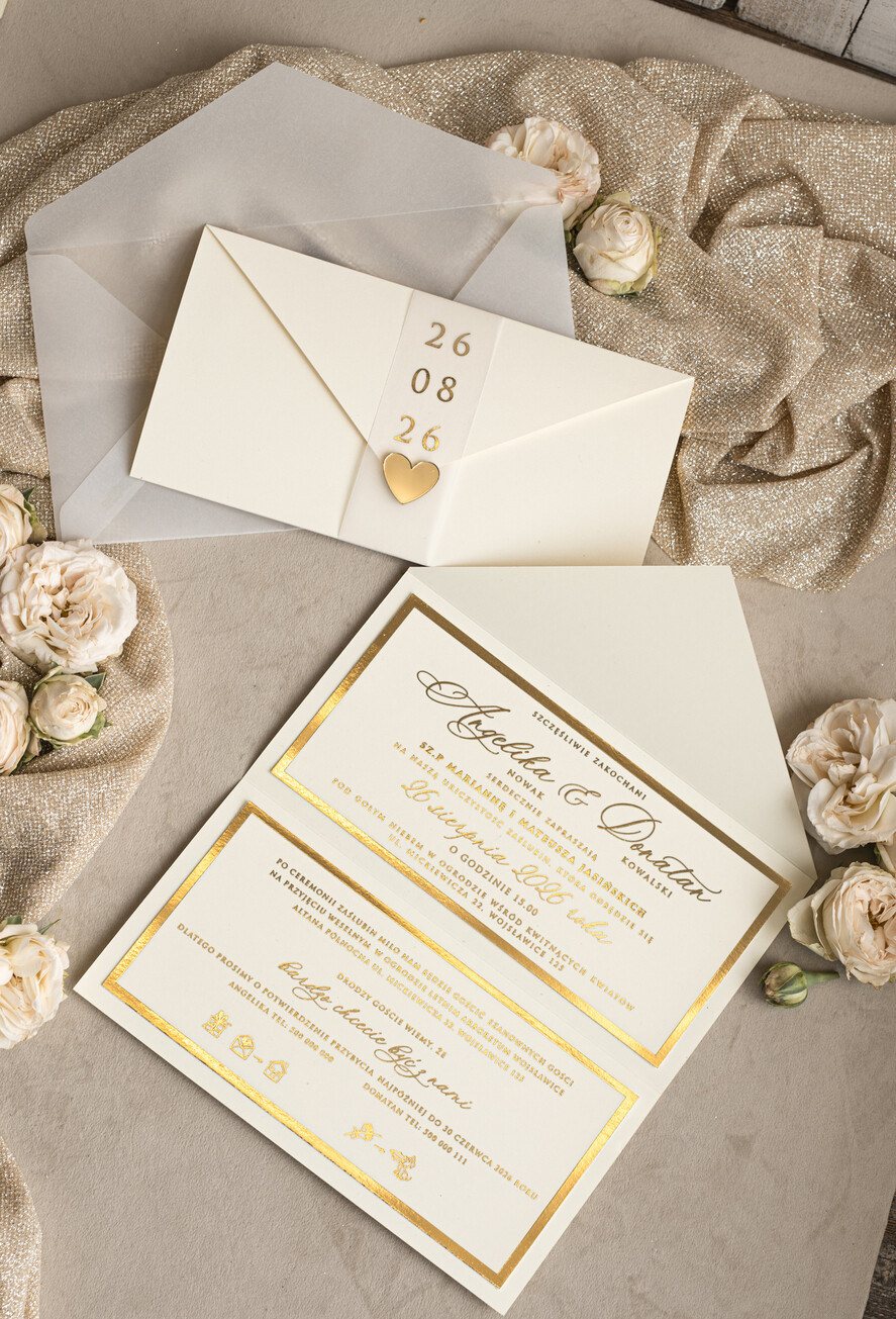 Zaproszenia ślubne Złote Glamour Eleganckie złote zaproszenia ślubne z lustrzanym monogramem, Kopertowe zaproszenie na ślub złocone, zaproszenia na ślub w stylu glamour, złote napisy na zaproszeniach ślubnych5