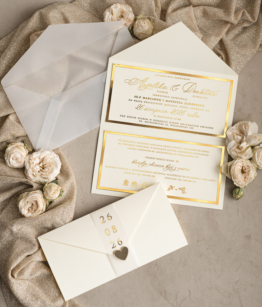 Zaproszenia ślubne Złote Glamour Eleganckie złote zaproszenia ślubne z lustrzanym monogramem, Kopertowe zaproszenie na ślub złocone, zaproszenia na ślub w stylu glamour, złote napisy na zaproszeniach ślubnych6