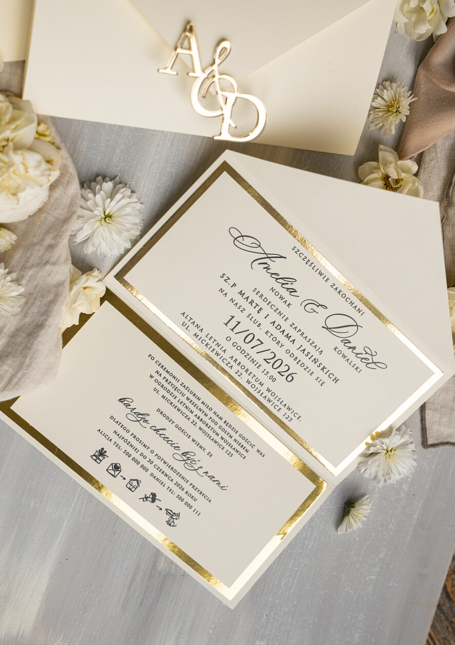 Zaproszenia ślubne Złote Glamour Eleganckie złote zaproszenia ślubne z lustrzanym monogramem, Kopertowe zaproszenie na ślub złocone, zaproszenia na ślub w stylu glamour, złote napisy na zaproszeniach ślubnych9