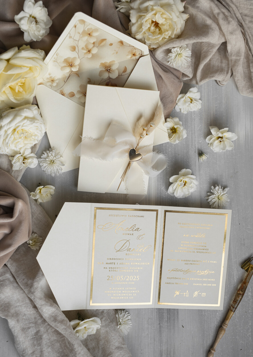 Zaproszenia ślubne Złote Glamour Eleganckie Zaproszenie Na Ślub Z Suszonym Dmuszkiem, Wyjątkowe Zaproszenia Ślubne Z Dmuszkiem, Zaproszenia Na Ślub W Stylu Glamour5
