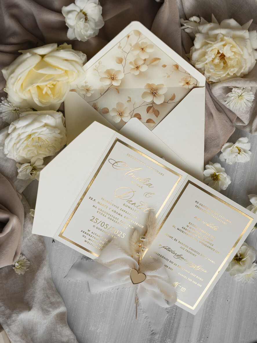 Zaproszenia ślubne Złote Glamour Eleganckie Zaproszenie Na Ślub Z Suszonym Dmuszkiem, Wyjątkowe Zaproszenia Ślubne Z Dmuszkiem, Zaproszenia Na Ślub W Stylu Glamour6
