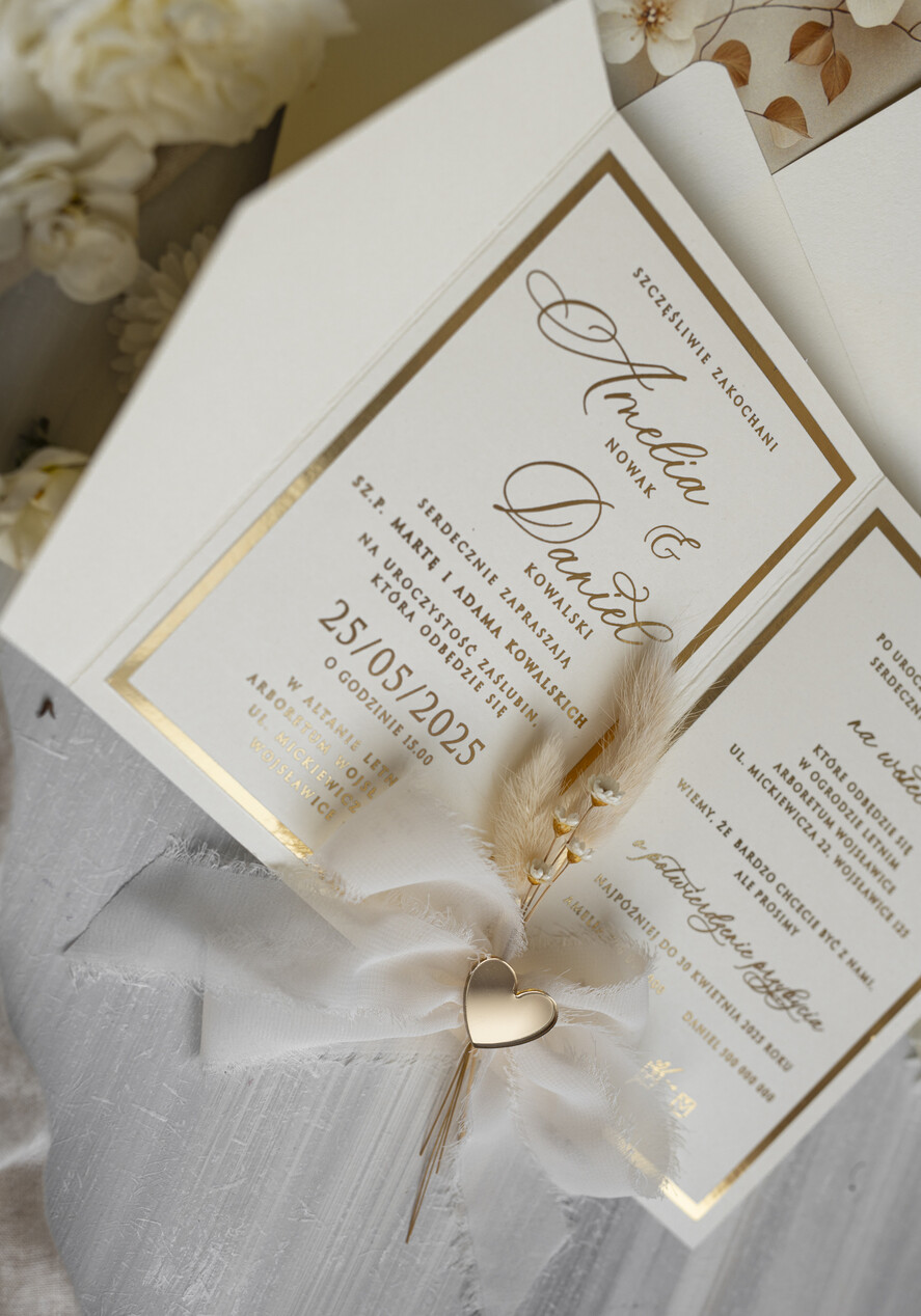 Zaproszenia ślubne Złote Glamour Eleganckie Zaproszenie Na Ślub Z Suszonym Dmuszkiem, Wyjątkowe Zaproszenia Ślubne Z Dmuszkiem, Zaproszenia Na Ślub W Stylu Glamour8