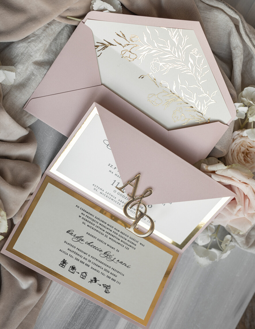 Zaproszenia ślubne Złote Glamour Eleganckie złote zaproszenia ślubne z lustrzanym monogramem, Kopertowe zaproszenie na ślub złocone, zaproszenia na ślub w stylu glamour, złote napisy na zaproszeniach ślubnych 10