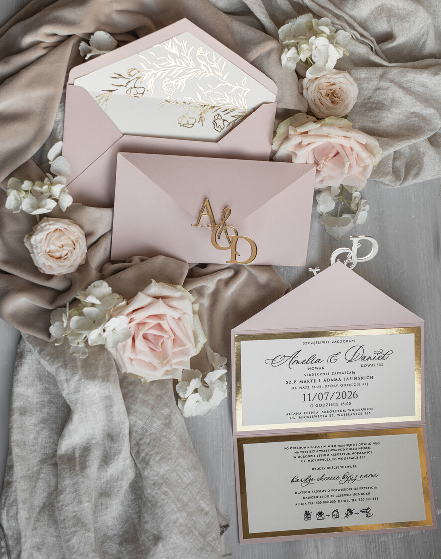Zaproszenia ślubne Złote Glamour Eleganckie złote zaproszenia ślubne z lustrzanym monogramem, Kopertowe zaproszenie na ślub złocone, zaproszenia na ślub w stylu glamour, złote napisy na zaproszeniach ślubnych 14