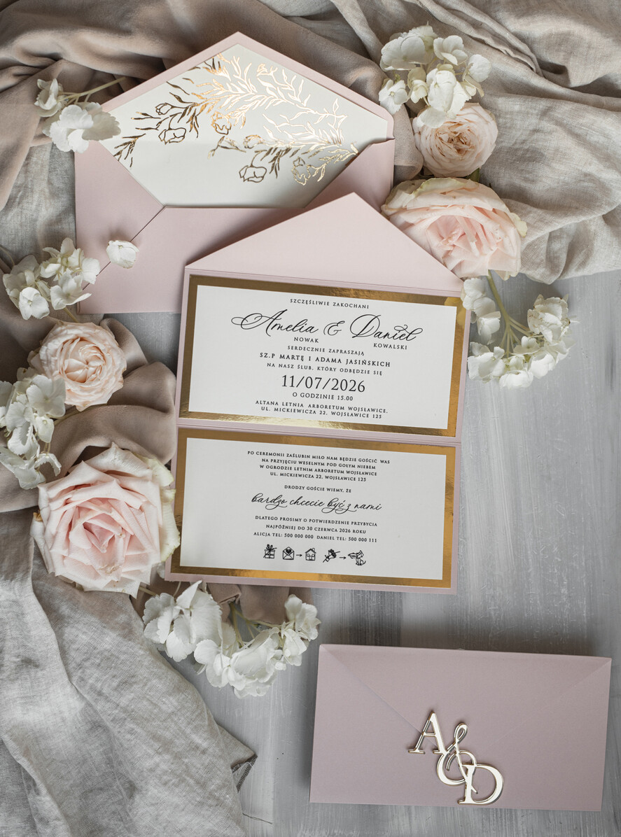 Zaproszenia ślubne Złote Glamour Eleganckie złote zaproszenia ślubne z lustrzanym monogramem, Kopertowe zaproszenie na ślub złocone, zaproszenia na ślub w stylu glamour, złote napisy na zaproszeniach ślubnych 6