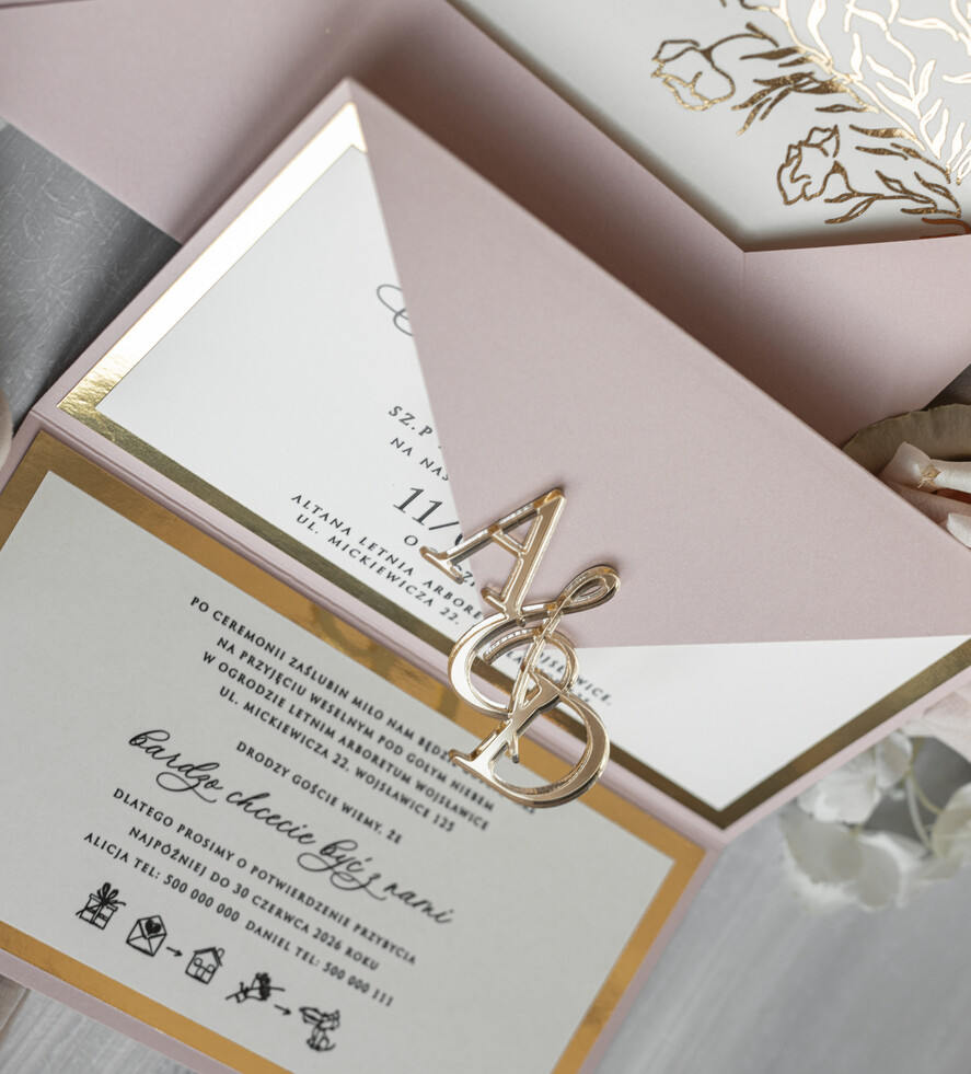 Zaproszenia ślubne Złote Glamour Eleganckie złote zaproszenia ślubne z lustrzanym monogramem, Kopertowe zaproszenie na ślub złocone, zaproszenia na ślub w stylu glamour, złote napisy na zaproszeniach ślubnych 9