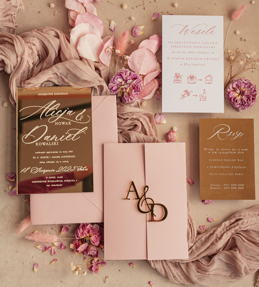 Zaproszenia ślubne Złote Glamour zaproszenie ślubne na lustrze ,złote zaproszenia ślubne z lustrzanym monogramem, różowe zaproszenie na ślub złocone, zaoriszenia na slub cywilny pudrowy róż  12