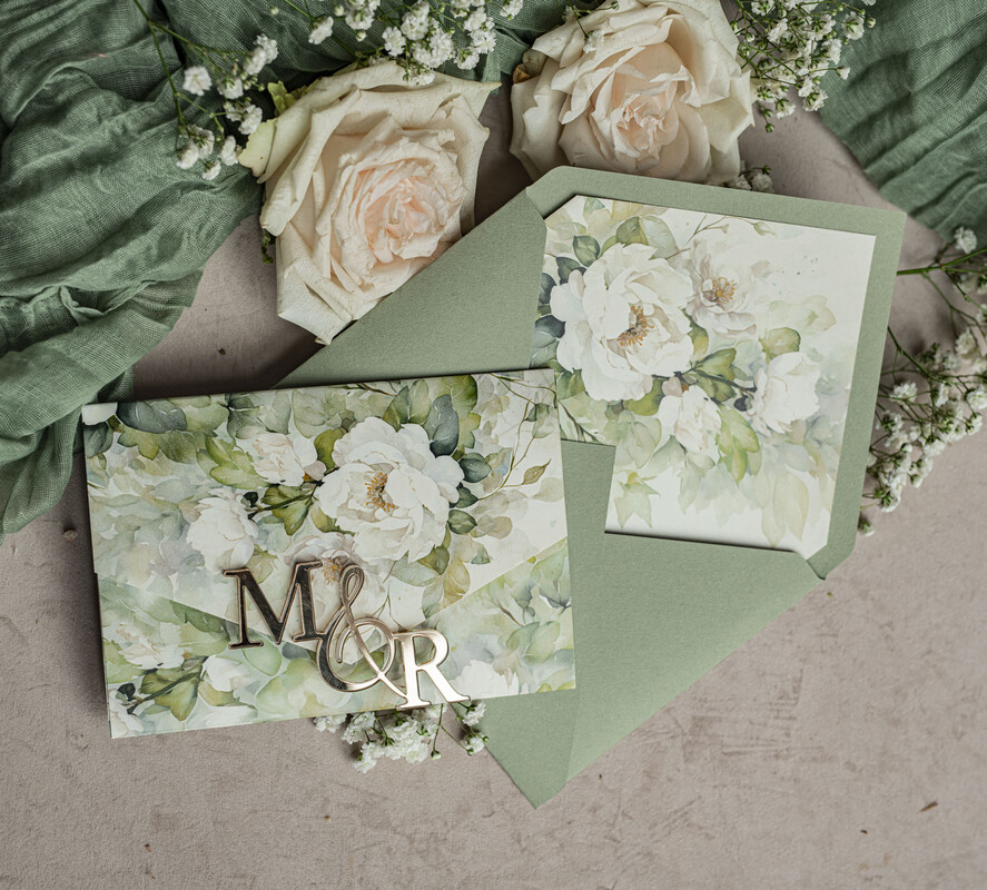 Zaproszenia ślubne Złote Glamour Eleganckie złote zaproszenia ślubne z lustrzanym monogramem, Kopertowe zielone zaproszenie na ślub, zaproszenia ślubne składane kwiatowe zaproszenia na ślub4